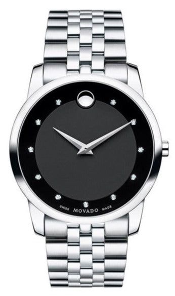  Shop Authentic Movado Museum Diamonds Black Dial Silver Steel Strap Watch For Men - 606878 - Luxxuri