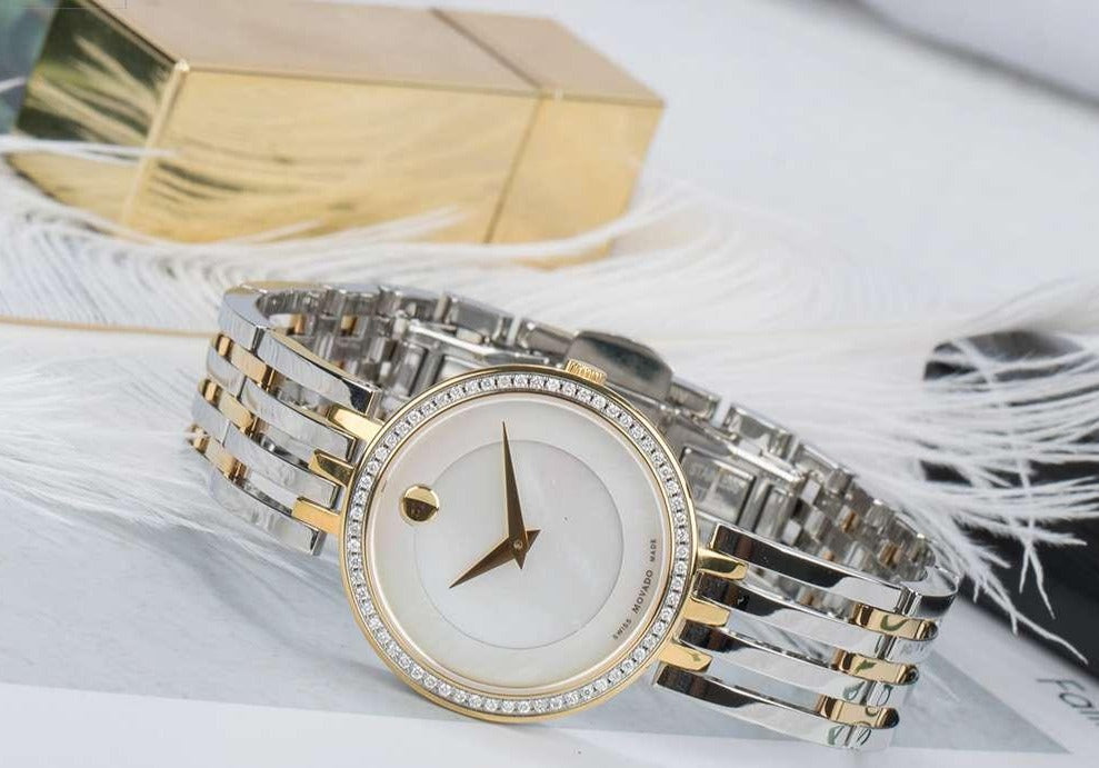  Shop Authentic Movado Esperanza Mother of Pearl Dial Two Tone Steel Strap Watch For Women - 0607085 - Luxxuri
