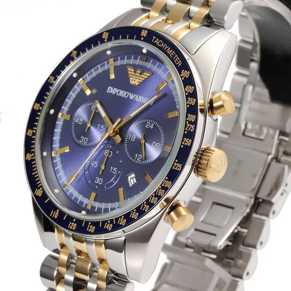  Shop Authentic Emporio Armani Tazio Chronograph Blue Dial Two Tone Stainless Steel Watch For Men - AR6088 - Luxxuri