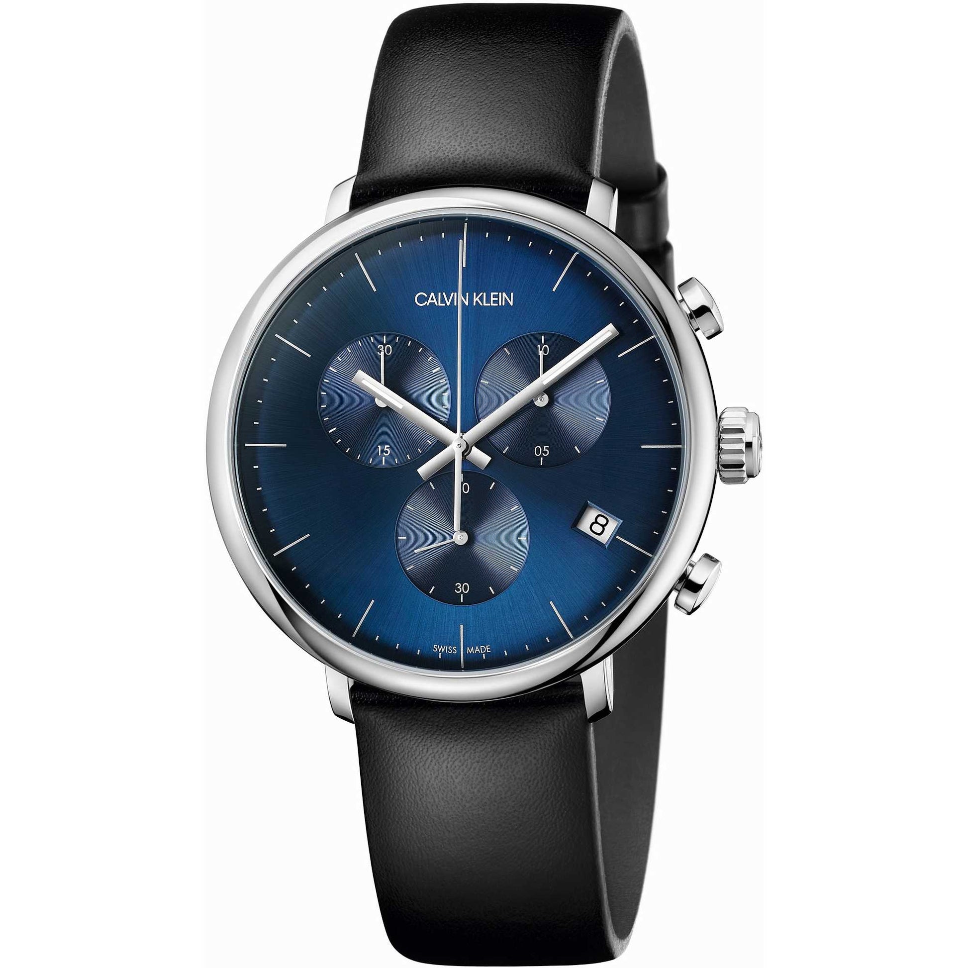  Shop Authentic Calvin Klein High Noon Chronograph Blue Dial Black Leather Strap Watch for Men - K8M271CN - Luxxuri