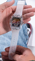 Guess Phoenix Polycarbonate Clear Multi-function Black Dial Clear Rubber Strap Watch for Men - GW0499G3
