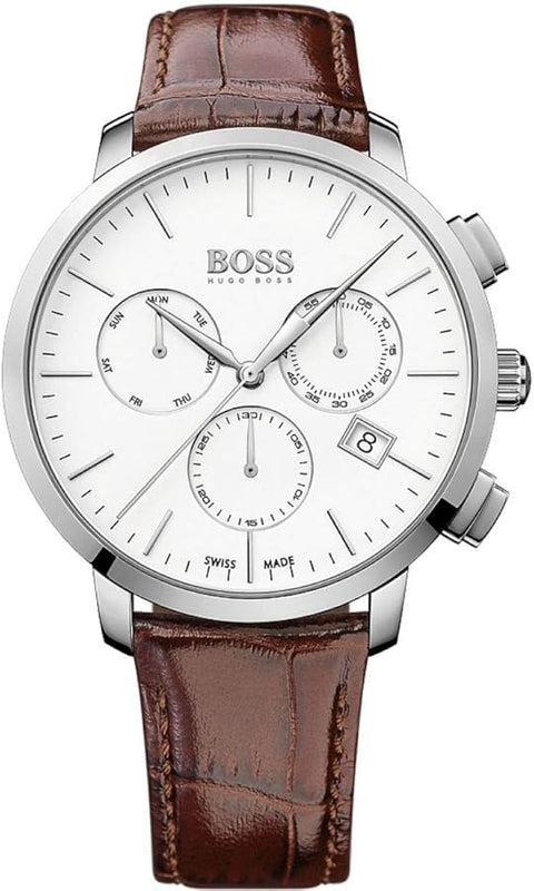  Shop Authentic Hugo Boss Slim Chronograph White Dial Brown Leather Strap Watch For Men - 1513263 - Luxxuri