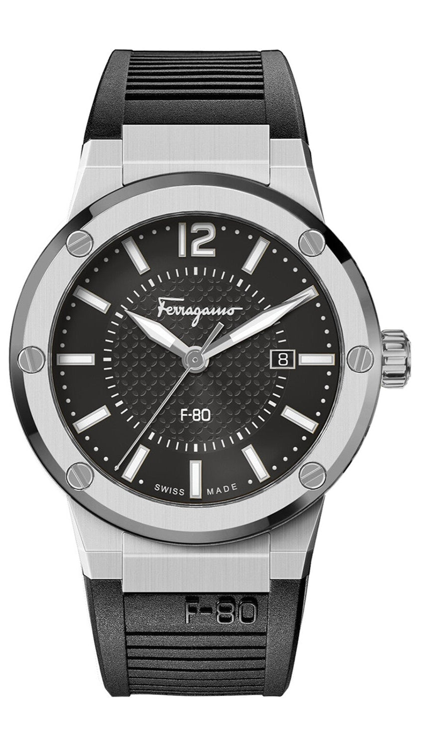  Shop Authentic Salvatore Ferragamo F-80 Black Dial Black Rubber Strap Watch For Men - SFHY01322 - Luxxuri