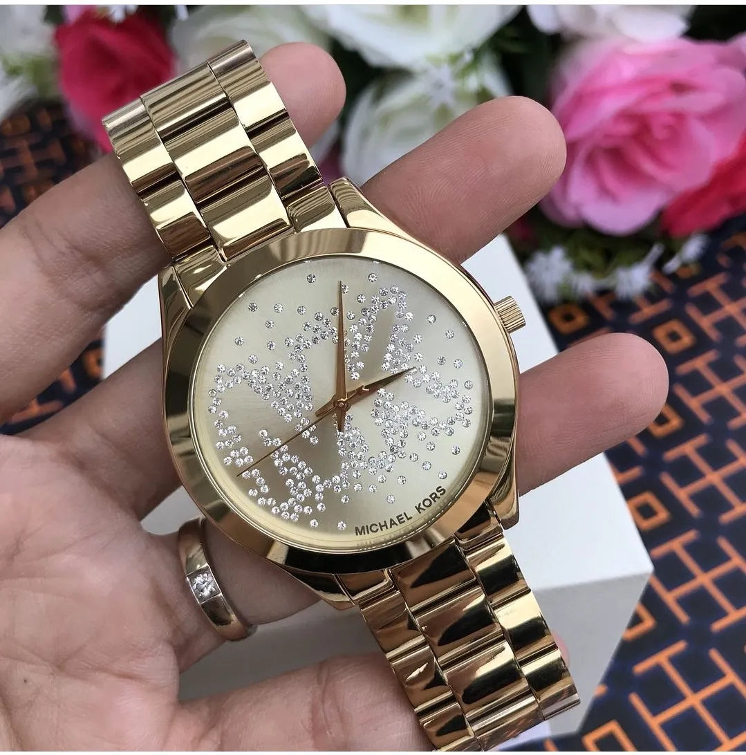  Shop Authentic Michael Kors Slim Runway Gold Dial Gold Steel Strap Watch for Women - MK3590 - Luxxuri