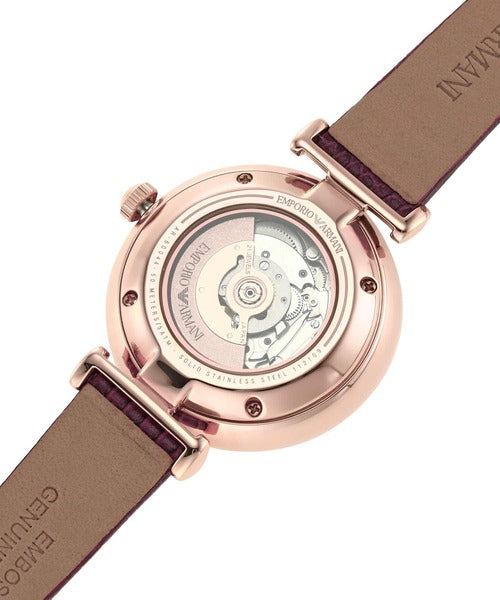 Emporio Armani Meccanico Automatic Silver Dial Burgundy Leather Strap Watch For Women - AR60044