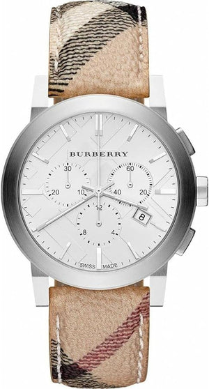  Shop Authentic Burberry The City Chronograph White Dial Haymarket Leather Strap Watch For Men - BU9360 - Luxxuri