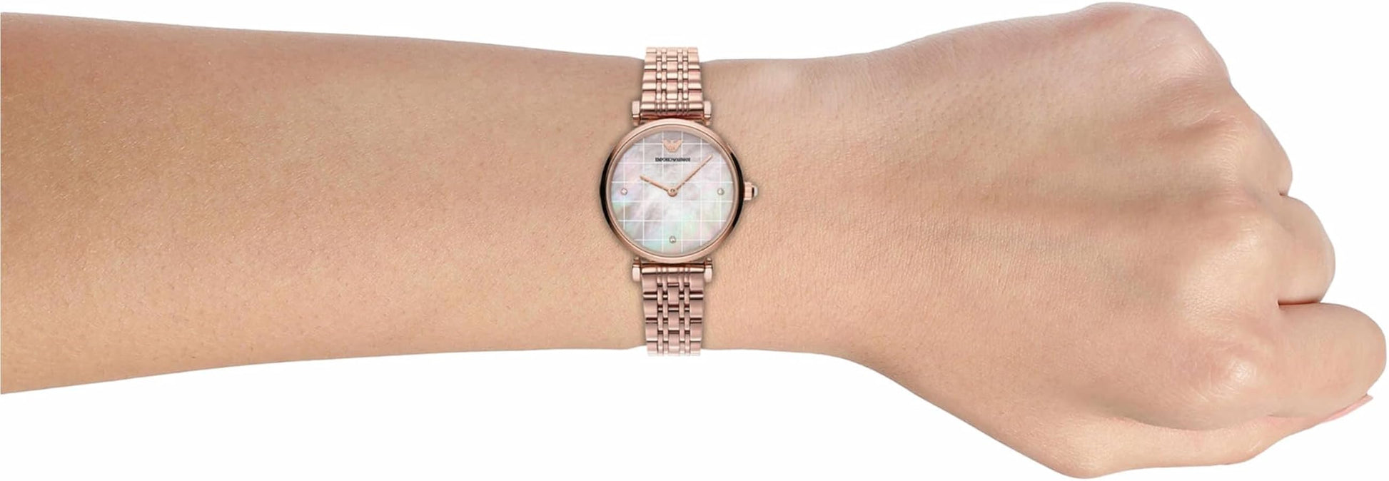  Shop Authentic Emporio Armani Gianni T Bar Quartz Mother of Pearl Dial Rose Gold Steel Strap Watch For Women - AR11385 - Luxxuri