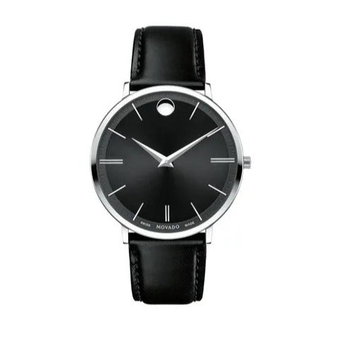  Shop Authentic Movado Ultra Slim Black Dial Black Leather Strap Watch For Men - 0607086 - Luxxuri