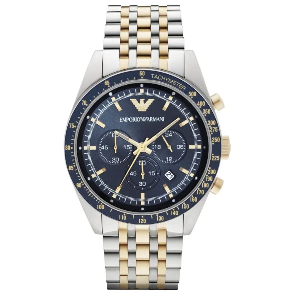  Shop Authentic Emporio Armani Tazio Chronograph Blue Dial Gold & Silver Stainless Steel Strap Watch For Men - AR8030 - Luxxuri