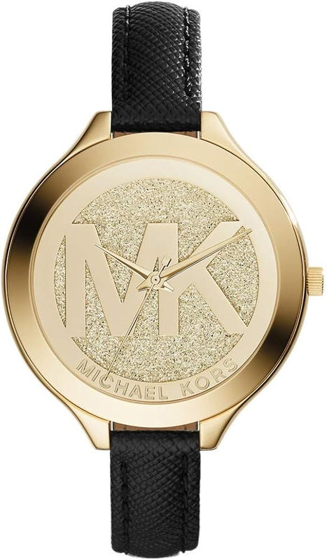  Shop Authentic Michael Kors Slim Runway Quartz Gold Dial Black Leather Strap Watch For Women - MK2392 - Luxxuri