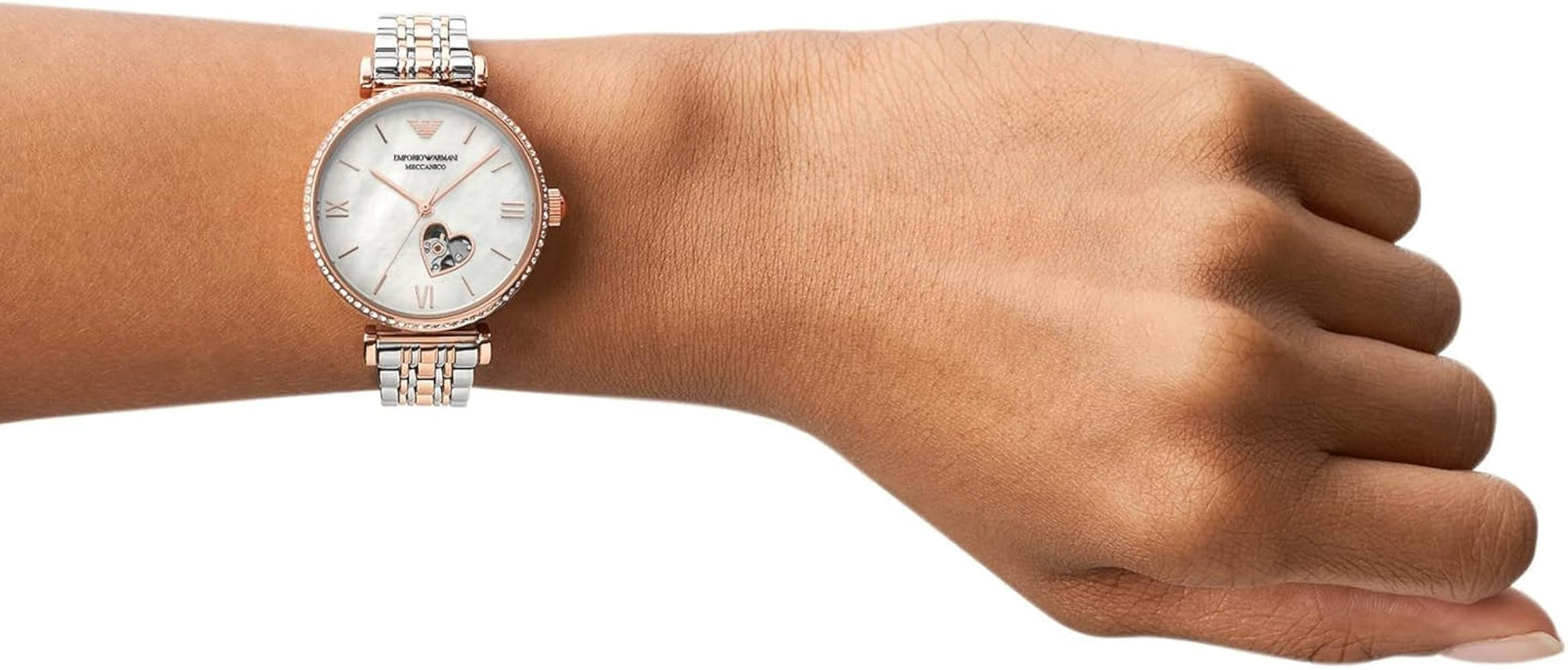  Shop Authentic Emporio Armani Meccanico Automatic Mother of Pearl Dial Two Tone Steel Strap Watch For Women - AR60049 - Luxxuri