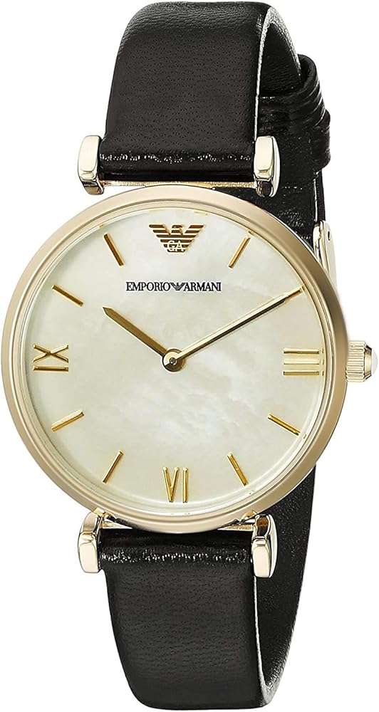  Shop Authentic Emporio Armani Gianni T-Bar Quartz Mother of Pearl Dial Black Leather Strap Watch For Women - AR1910 - Luxxuri
