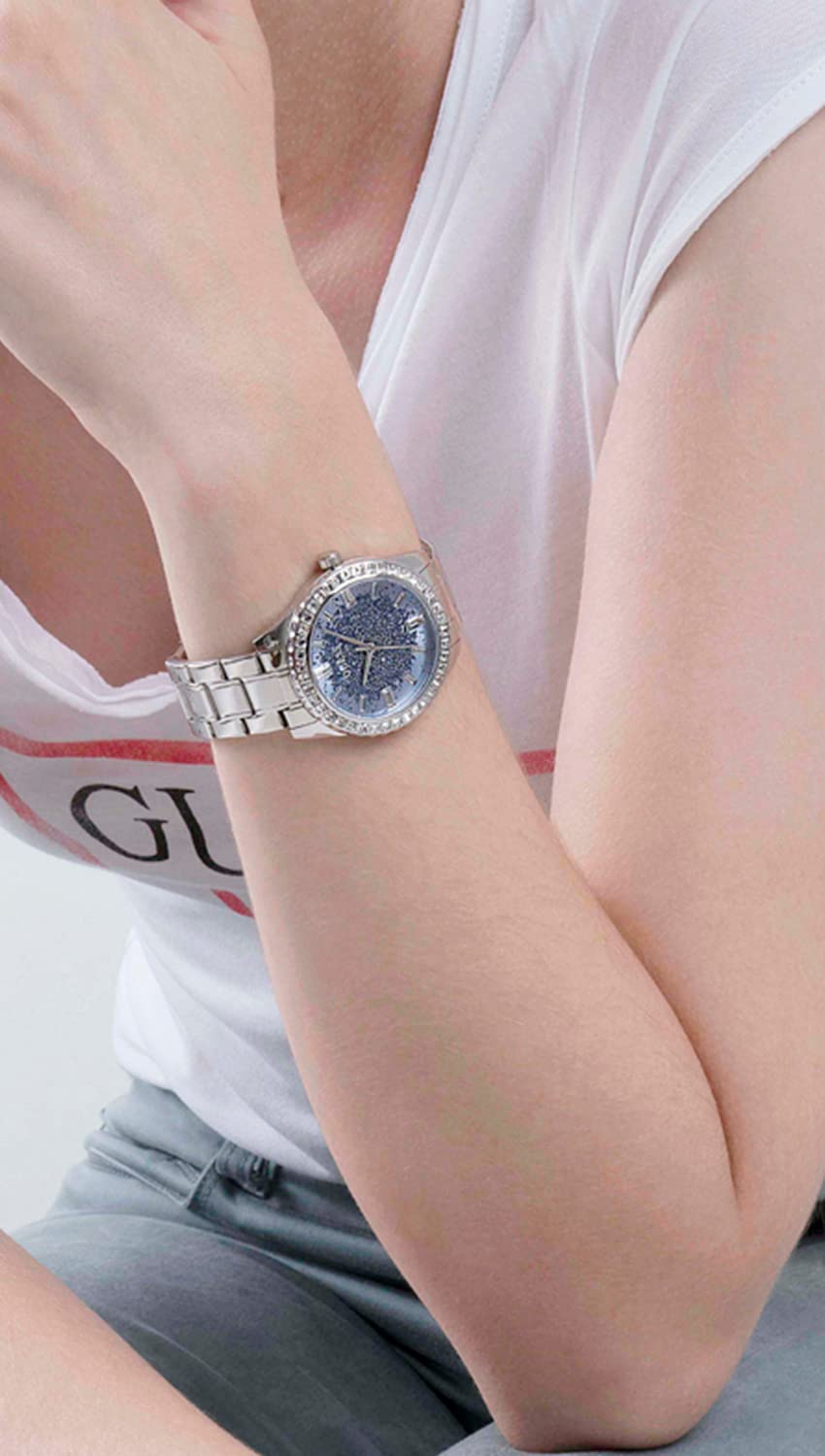  Shop Authentic Guess Glitter Burst Diamonds Blue Dial Silver Steel Strap Watch for Women - GW0405L1 - Luxxuri