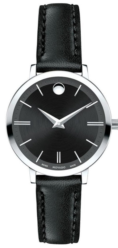  Shop Authentic Movado Ultra Slim Black Dial Black Leather Strap Watch For Women - 0607094 - Luxxuri