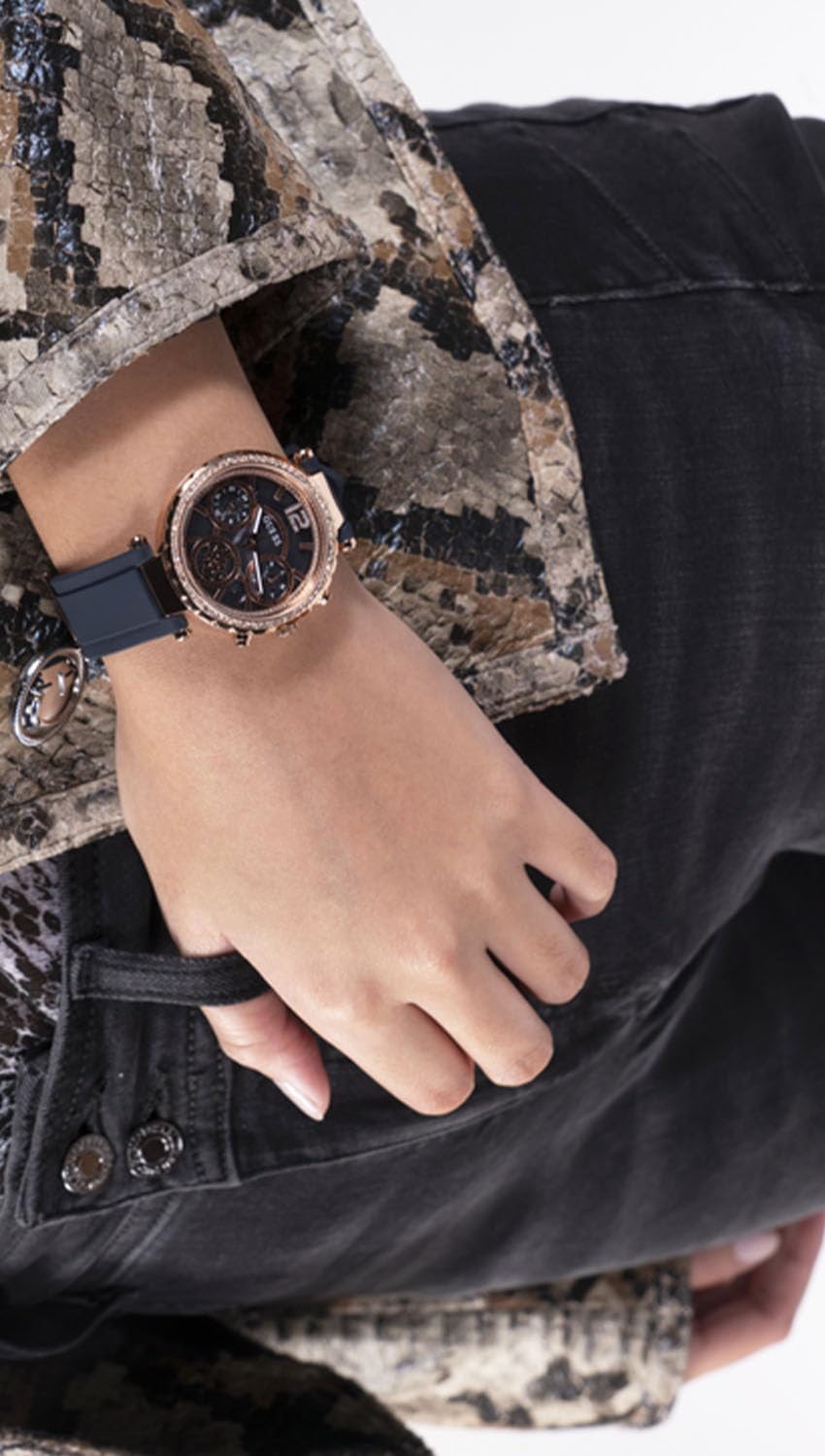  Shop Authentic Guess Solistice Diamonds Roe Gold Dial Black Rubber Strap Watch for Women - GW0484L2 - Luxxuri