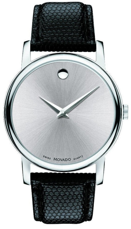  Shop Authentic Movado Museum Quartz Silver Dial Black Leather Strap Watch For Men - 2100001 - Luxxuri