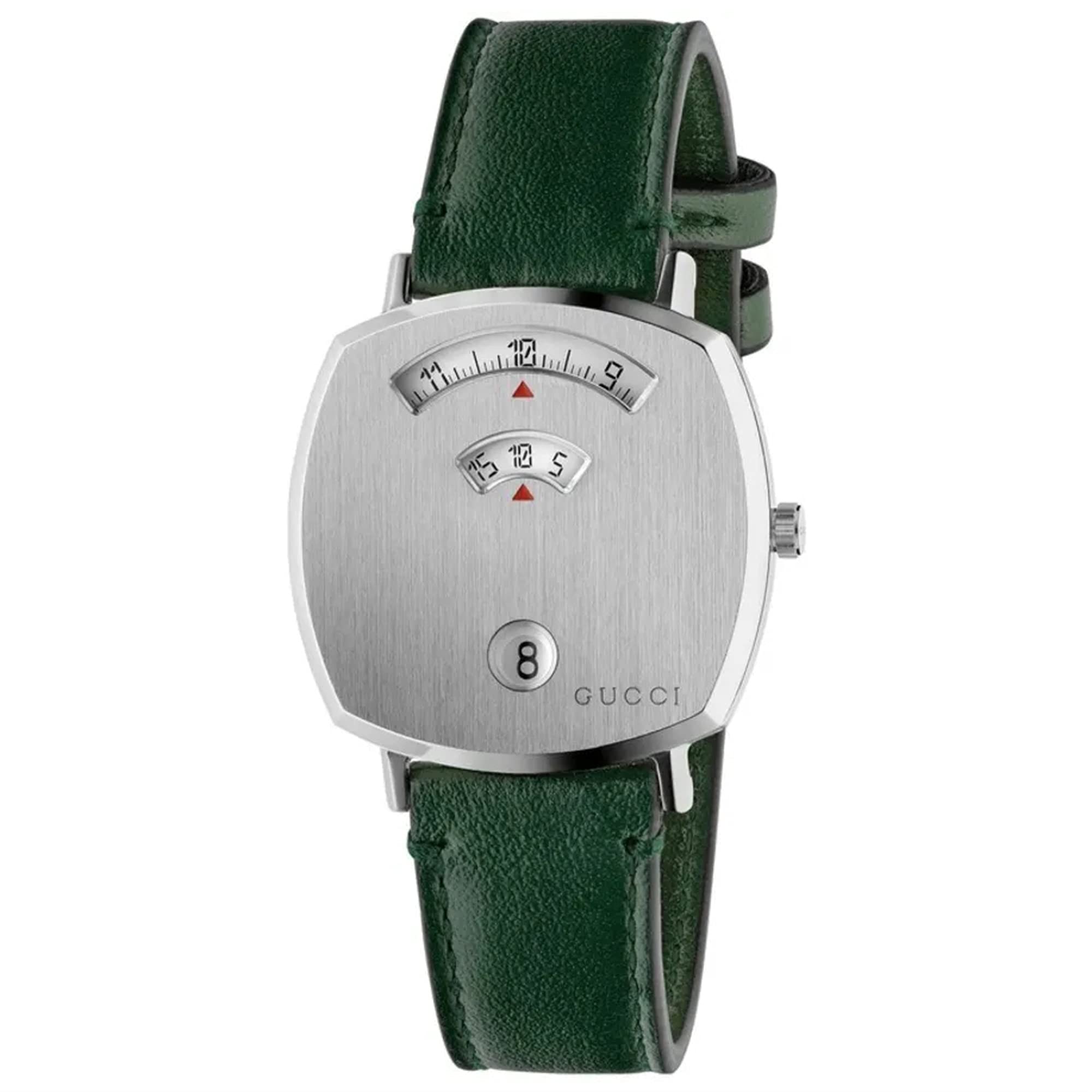 Gucci Grip Silver Dial Green Leather Strap Unisex Watch - YA157412