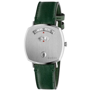  Shop Authentic Gucci Grip Silver Dial Green Leather Strap Unisex Watch - YA157412 - Luxxuri
