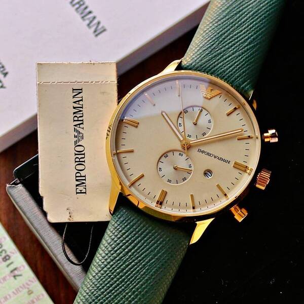  Shop Authentic Emporio Armani Chronograph Champagne Dial Green Leather Strap Watch For Men - AR1722 - Luxxuri