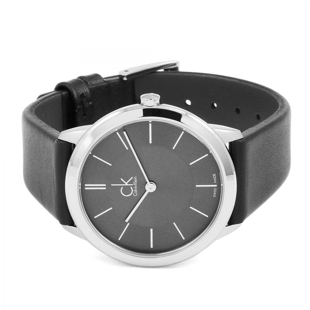  Shop Authentic Calvin Klein Minimal Grey Dial Black Leather Strap Watch for Men - K3M221C4 - Luxxuri