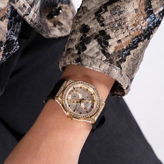  Shop Authentic Guess Princess Crystals Gold Dial Black Silicone Strap Watch For Women - GW0439L2 - Luxxuri