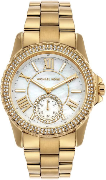  Shop Authentic Michael Kors Everest Three Hand Mother of Pearl White Dial Gold Steel Strap Watch For Women - MK7401 - Luxxuri