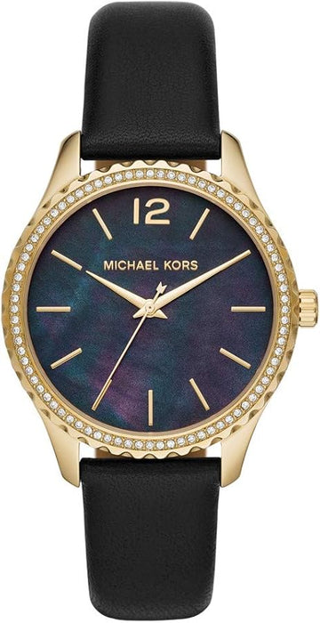  Shop Authentic Michael Kors Layton Three Hand Mother of Pearl Black Dial Black Leather Strap Watch For Women - MK2911 - Luxxuri