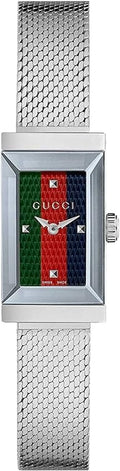  Shop Authentic Gucci G Frame Quartz Diamonds Green & Red Mother of Pearl Dial Silver Mesh Bracelet Watch For Women - YA147510 - Luxxuri