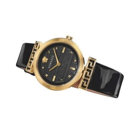  Shop Authentic Versace Greca Meander Black Dial Black Leather Strap Watch for Women - VELW00420 - Luxxuri