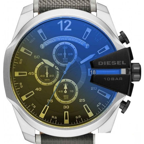 Diesel Mega Chief Quartz Black Dial Grey Leather Strap Watch For Men - DZ4523