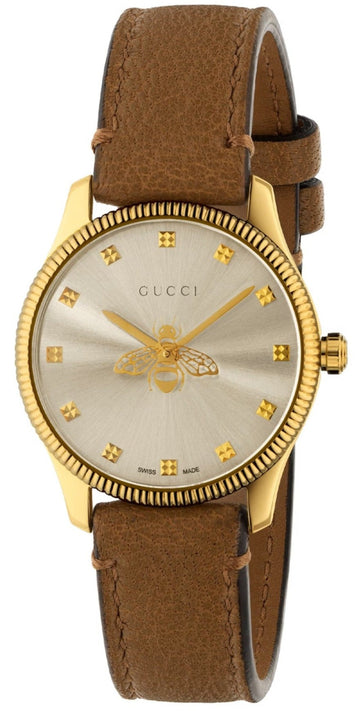  Shop Authentic Gucci G Timeless Quartz Silver Dial Brown Leather Strap Watch For Women - YA1265022 - Luxxuri