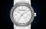  Shop Authentic Burberry The City White Diamonds Dial White Leather Strap Watch for Women - BU9221 - Luxxuri