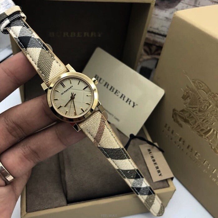  Shop Authentic Burberry The City Gold Dial Haymarket Brown Leather Strap Watch for Women - BU9219 - Luxxuri