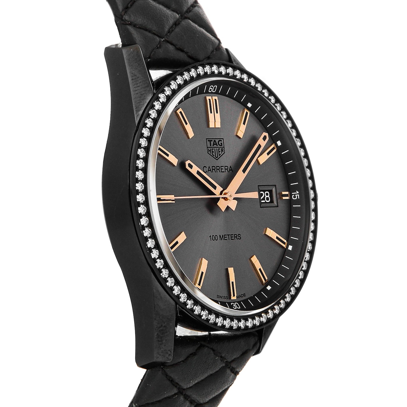 Shop Authentic Tag Heuer Carrera Diamonds Anthracite Black Dial Black Leather Strap Watch for Women - WAR1115.FC6392 - Luxxuri