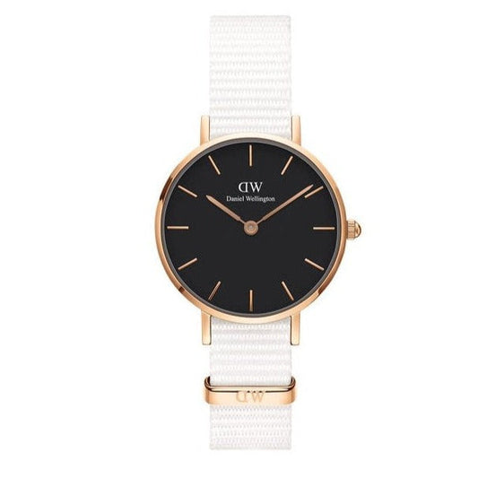  Shop Authentic Daniel Wellington Classic Petite Dover Black Dial White NATO Strap Watch For Women - DW00100314 - Luxxuri