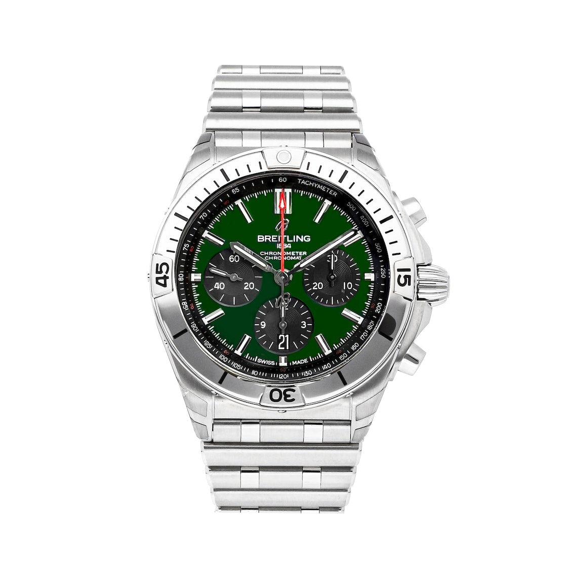  Shop Authentic Breitling Chronomat B01 42 Green Dial Silver Steel Strap Watch for Men - AB0134101L1A1 - Luxxuri
