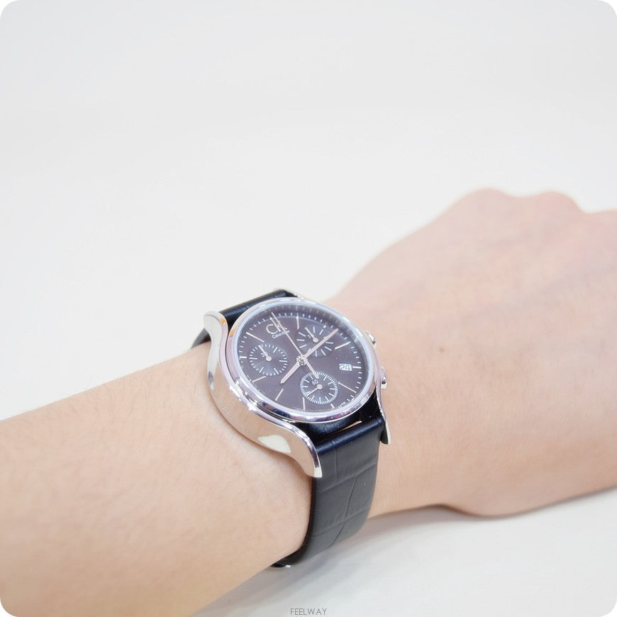  Shop Authentic Calvin Klein Skirt Chronograph Black Dial Black Leather Strap Watch for Men - K2U291C1 - Luxxuri