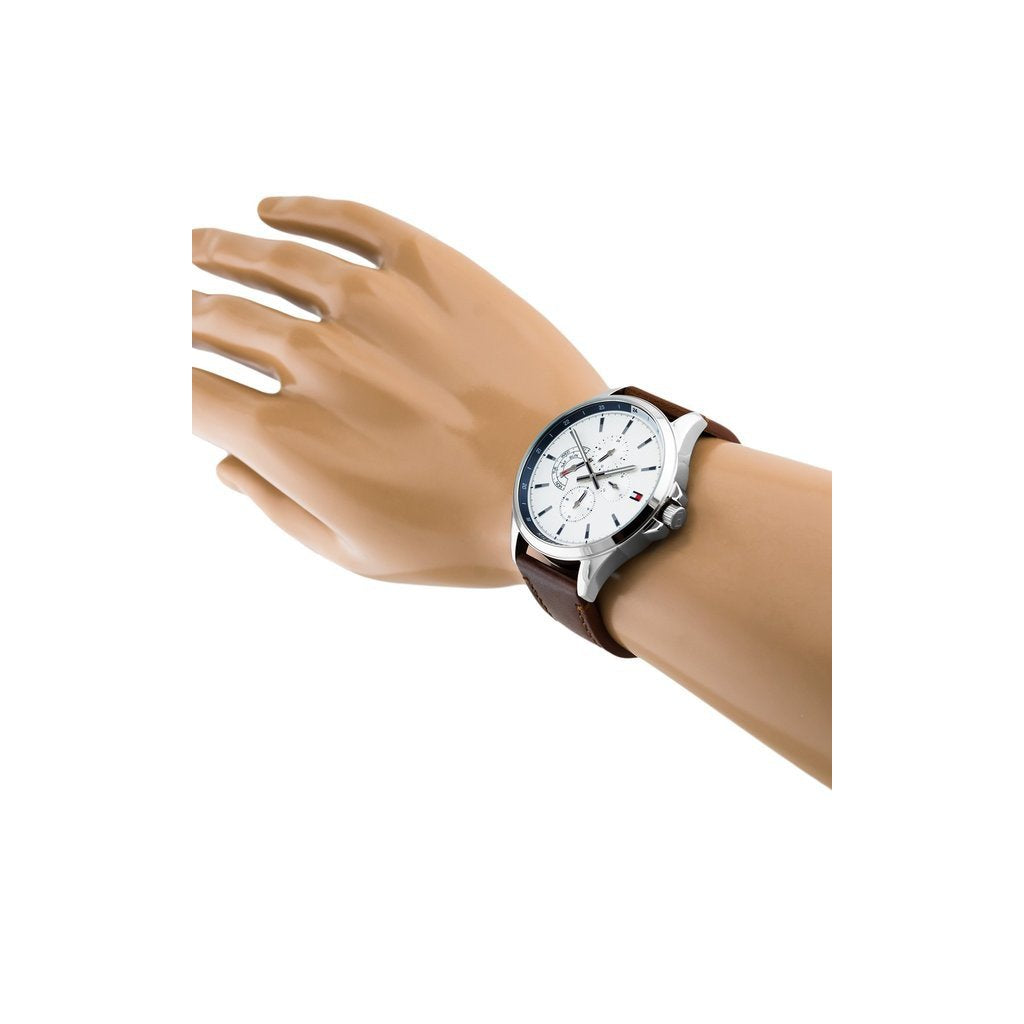  Shop Authentic Tommy Hilfiger Multi Function Quartz White Dial Brown Leather Strap Watch for Men - 1791614 - Luxxuri