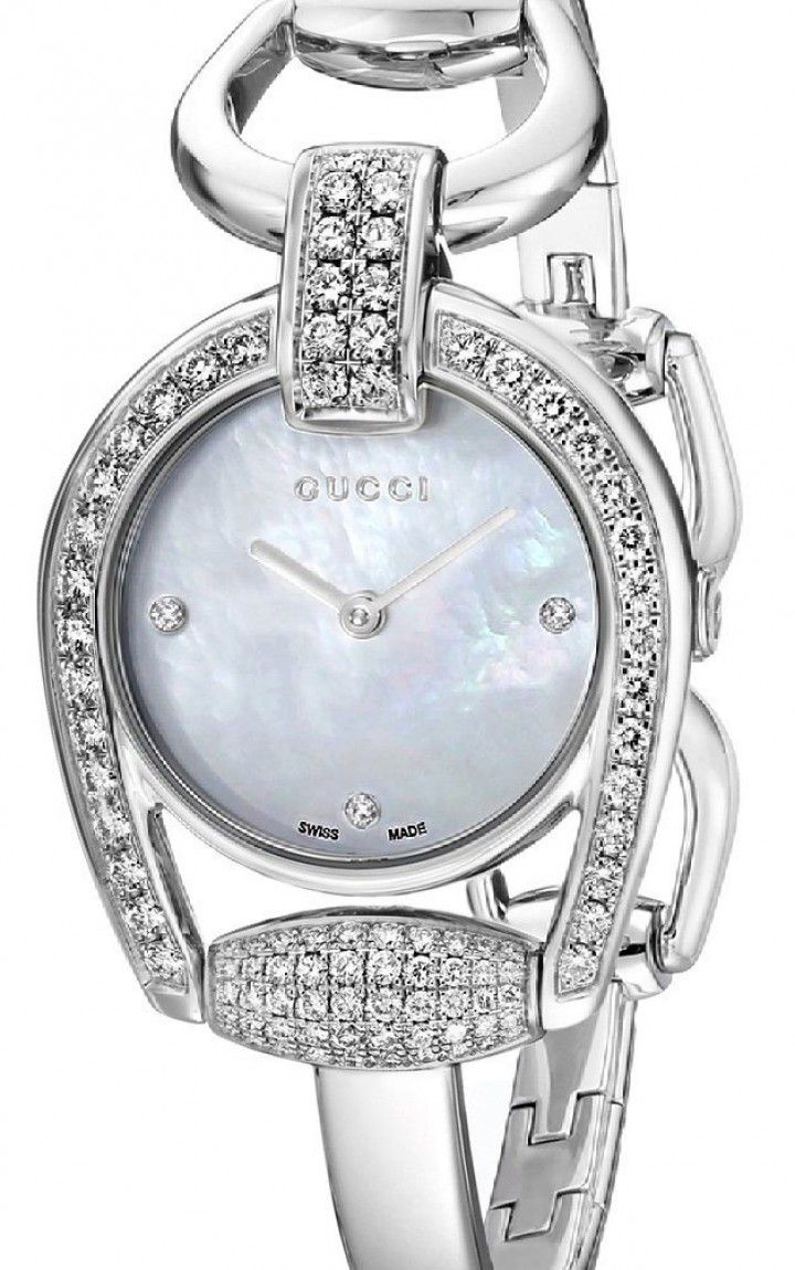  Shop Authentic Gucci Horsebit Collection Diamonds Mother of Pearl Dial Silver Steel Strap Watch For Women - YA139505 - Luxxuri