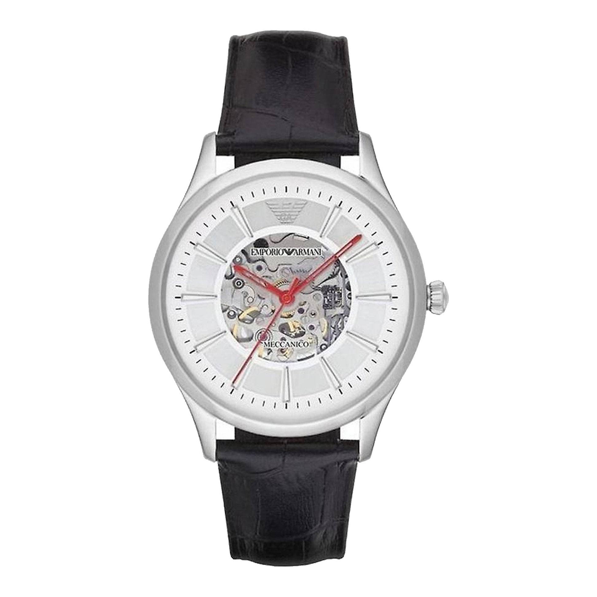  Shop Authentic Emporio Armani Meccanico Silver Skeleton Dial Black Leather Watch For Men - AR1997 - Luxxuri