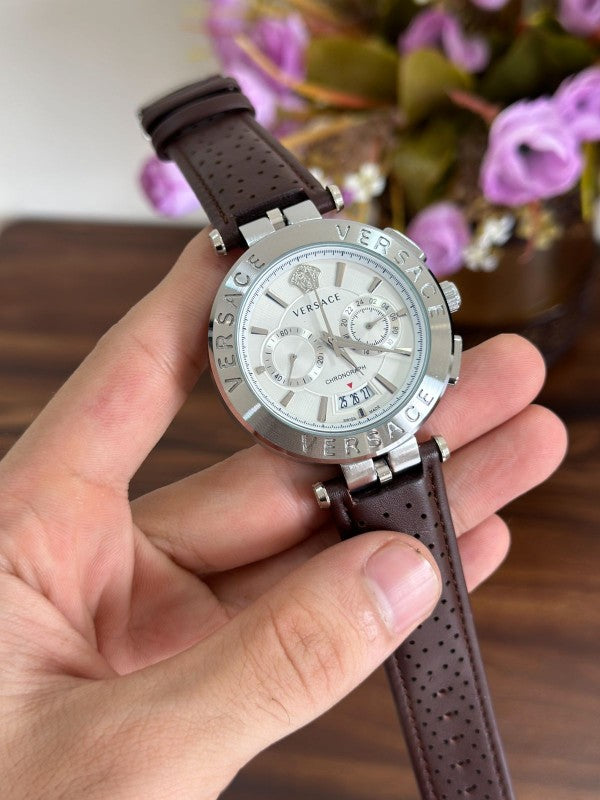  Shop Authentic Versace Aion Chronograph White Dial Brown Leather Strap Watch for Men - VBR010017 - Luxxuri