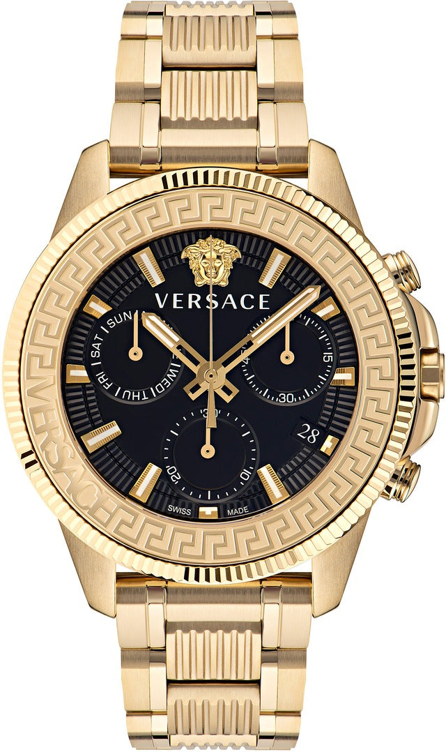  Shop Authentic Versace Greca Action Chronograph Black Dial Gold Steel Strap Watch For Men - VE3J00622 - Luxxuri