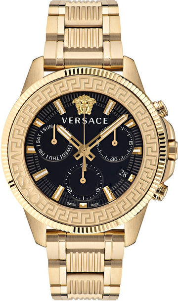  Shop Authentic Versace Greca Action Chronograph Black Dial Gold Steel Strap Watch For Men - VE3J00622 - Luxxuri