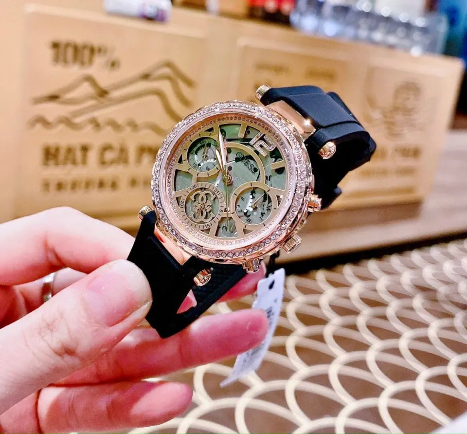  Shop Authentic Guess Solistice Diamonds Roe Gold Dial Black Rubber Strap Watch for Women - GW0484L2 - Luxxuri