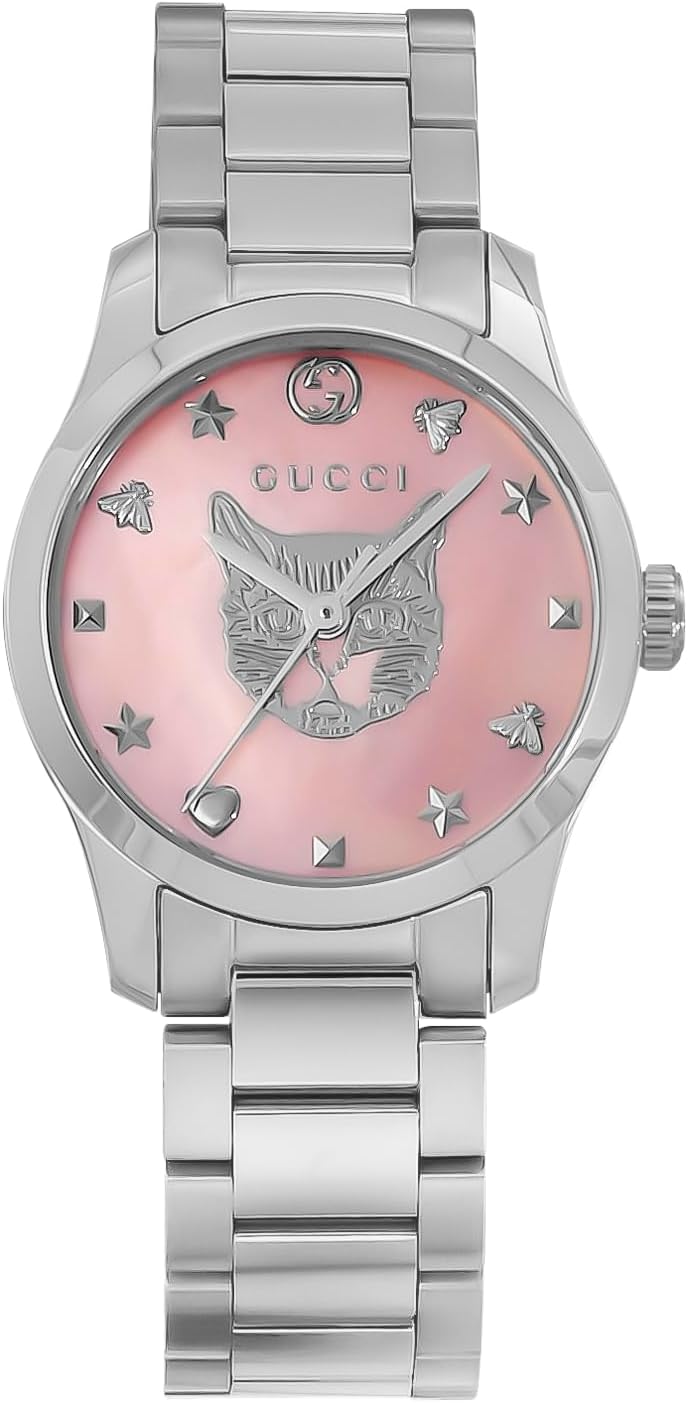  Shop Authentic Gucci G Timeless Quartz Mother of Pearl Pink Dial Silver Steel Strap Watch For Women - YA1265013 - Luxxuri