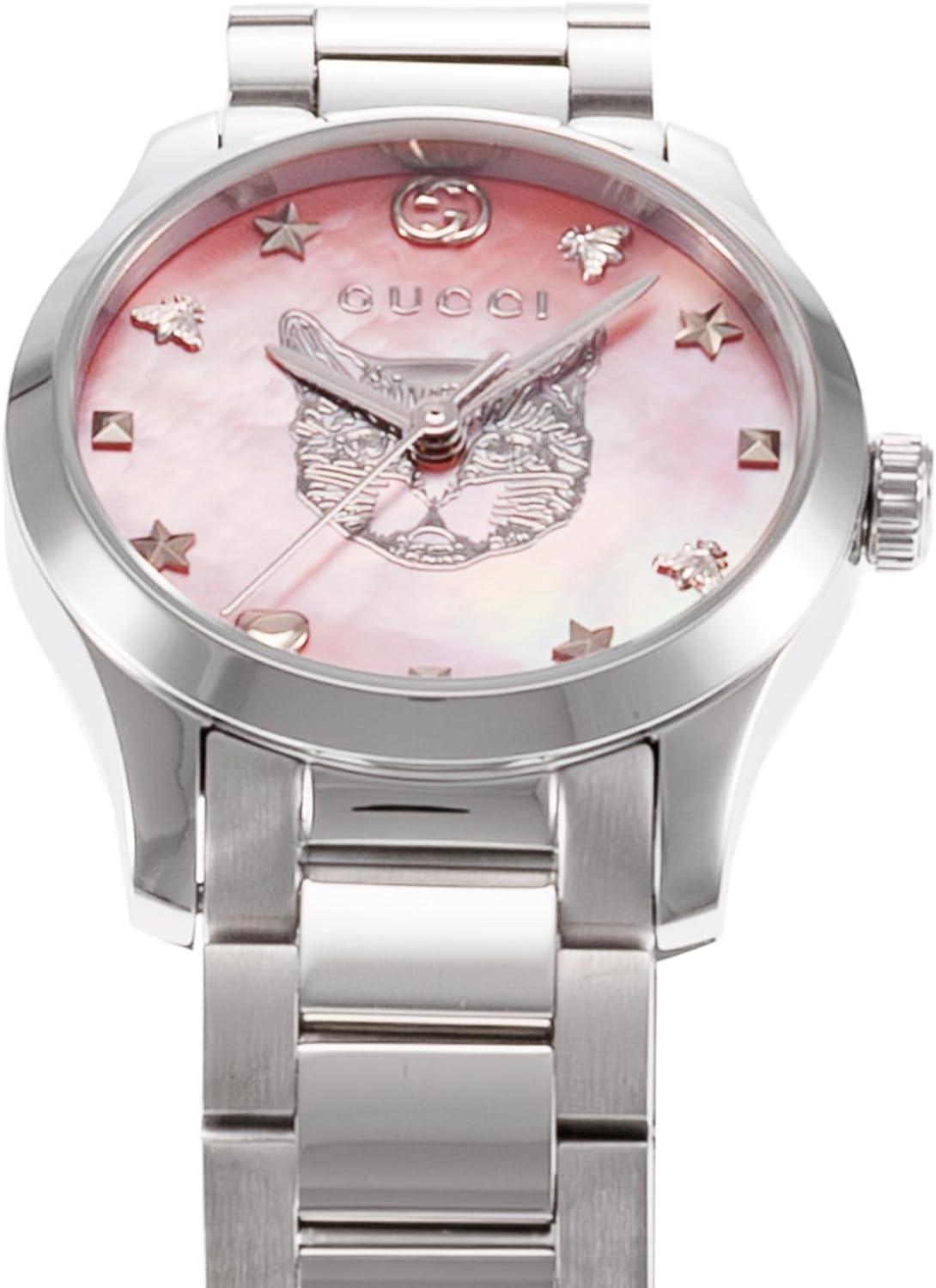  Shop Authentic Gucci G Timeless Quartz Mother of Pearl Pink Dial Silver Steel Strap Watch For Women - YA1265013 - Luxxuri