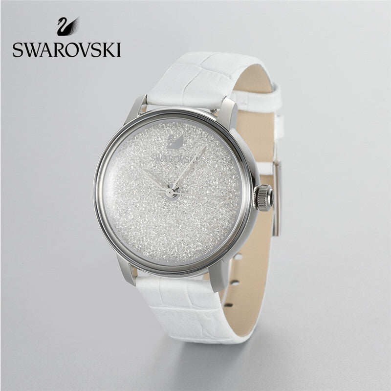  Shop Authentic Swarovski Crystalline Hours Silver Dial White Leather Strap Watch for Women - 5295383 - Luxxuri