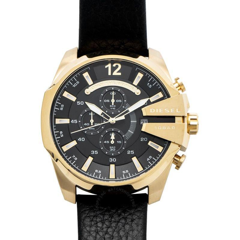  Shop Authentic Diesel Mega Chief Gold & Black Dial Black Leather Strap Watch For Men - DZ4344 - Luxxuri