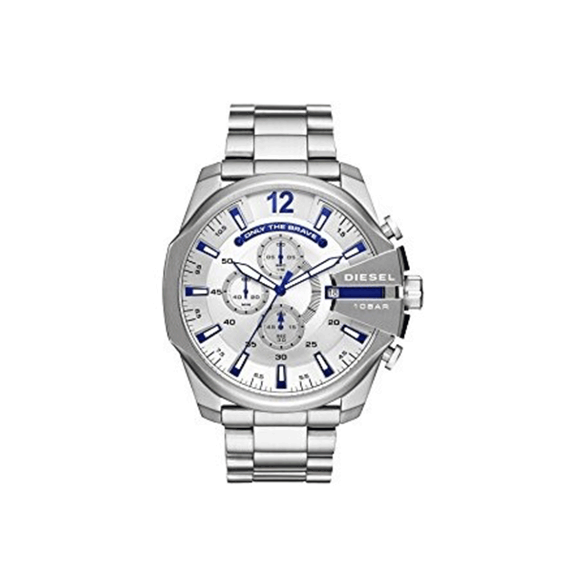 Diesel Mega Chief Chronograph Silver Dial Silver Steel Strap Watch For Men - DZ4477