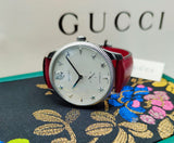  Shop Authentic Gucci G Timeless Automatic Silver Dial Red Leather Strap Watch For Men - YA126346 - Luxxuri